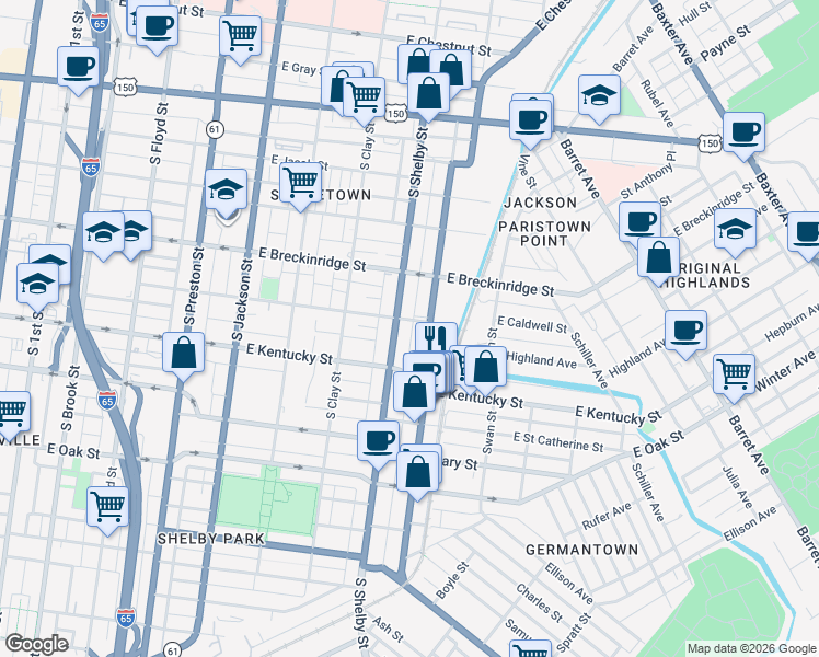 map of restaurants, bars, coffee shops, grocery stores, and more near 943 South Shelby Street in Louisville