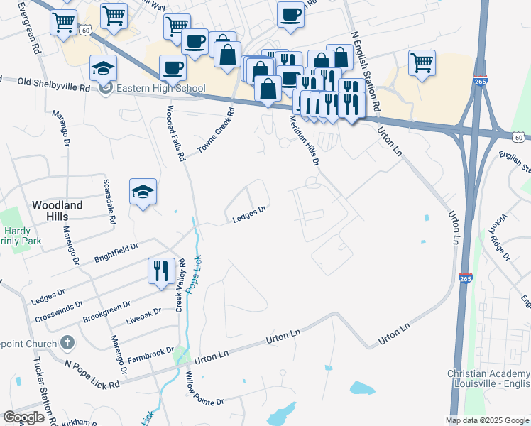 map of restaurants, bars, coffee shops, grocery stores, and more near 12816 Ledges Drive in Louisville