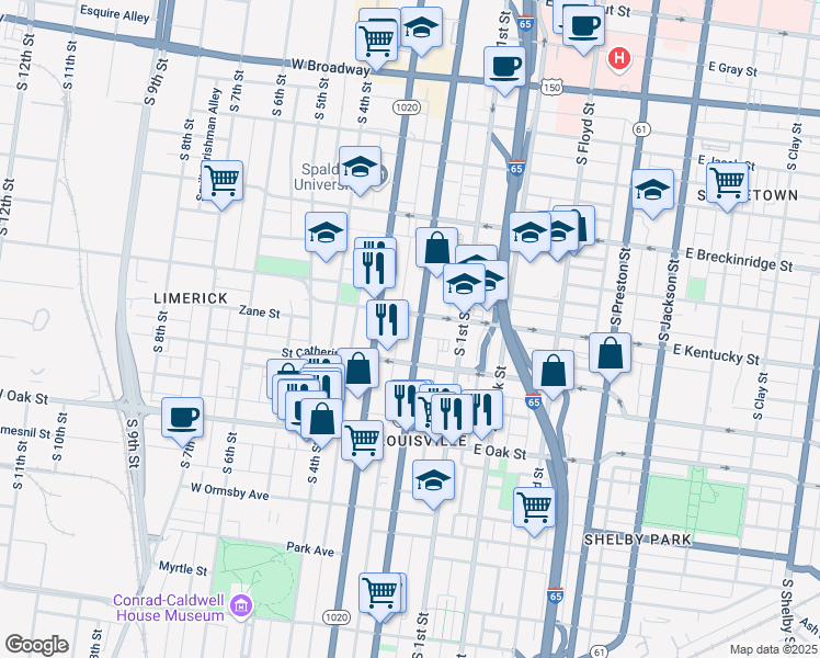 map of restaurants, bars, coffee shops, grocery stores, and more near 1014 South 2nd Street in Louisville
