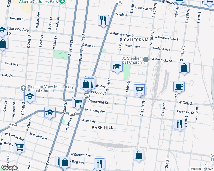 map of restaurants, bars, coffee shops, grocery stores, and more near 1701 Hale Avenue in Louisville