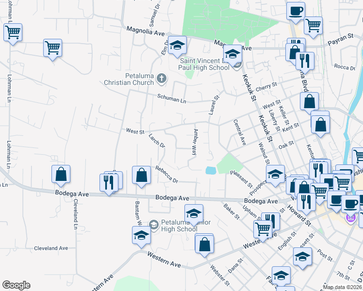 map of restaurants, bars, coffee shops, grocery stores, and more near 812 Gilardi Drive in Petaluma