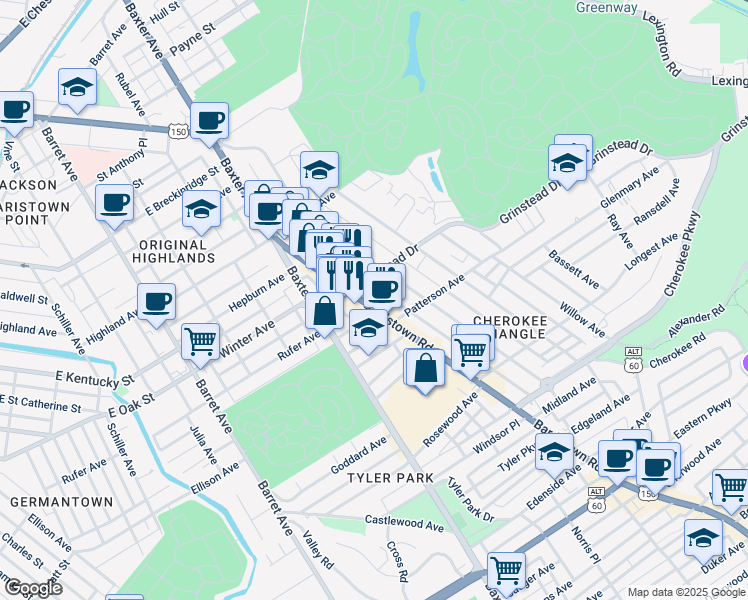 map of restaurants, bars, coffee shops, grocery stores, and more near 1112 Bardstown Road in Louisville