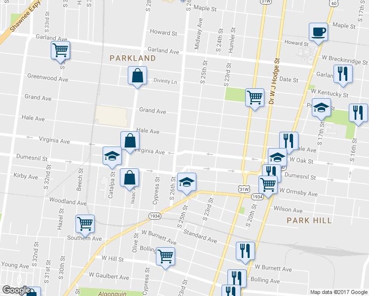 map of restaurants, bars, coffee shops, grocery stores, and more near 2515 West Oak Street in Louisville