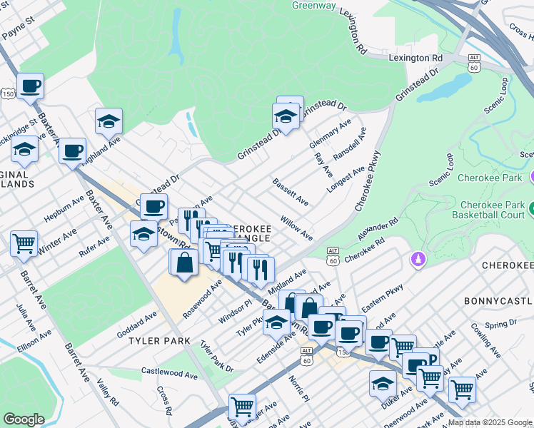 map of restaurants, bars, coffee shops, grocery stores, and more near 1278 Willow Avenue in Louisville