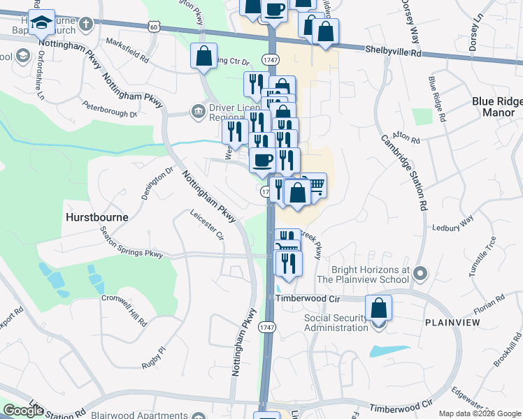 map of restaurants, bars, coffee shops, grocery stores, and more near 9542 Wessex Place in Hurstbourne