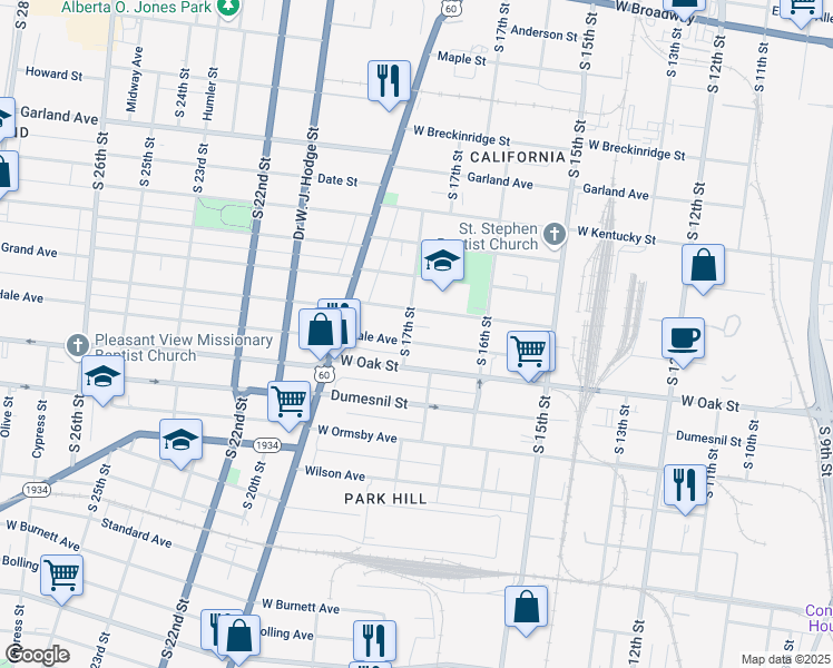map of restaurants, bars, coffee shops, grocery stores, and more near 1653 Hale Avenue in Louisville