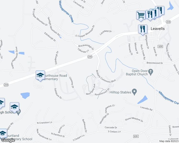 map of restaurants, bars, coffee shops, grocery stores, and more near 350 Brittany Commons Boulevard in Spotsylvania Courthouse