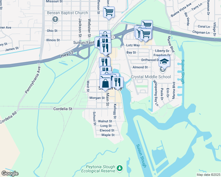 map of restaurants, bars, coffee shops, grocery stores, and more near in Suisun City