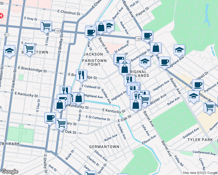 map of restaurants, bars, coffee shops, grocery stores, and more near 925 Schiller Court in Louisville
