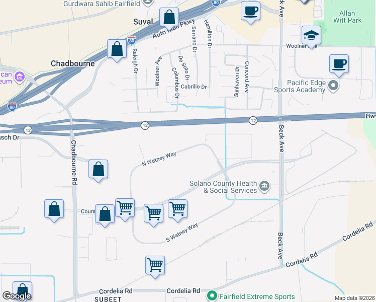 map of restaurants, bars, coffee shops, grocery stores, and more near 109 Creek View Circle in Fairfield
