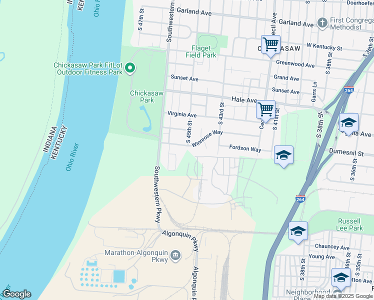 map of restaurants, bars, coffee shops, grocery stores, and more near 4430 Winnrose Way in Louisville