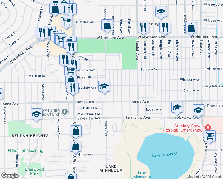 map of restaurants, bars, coffee shops, grocery stores, and more near 1716 Acero Avenue in Pueblo