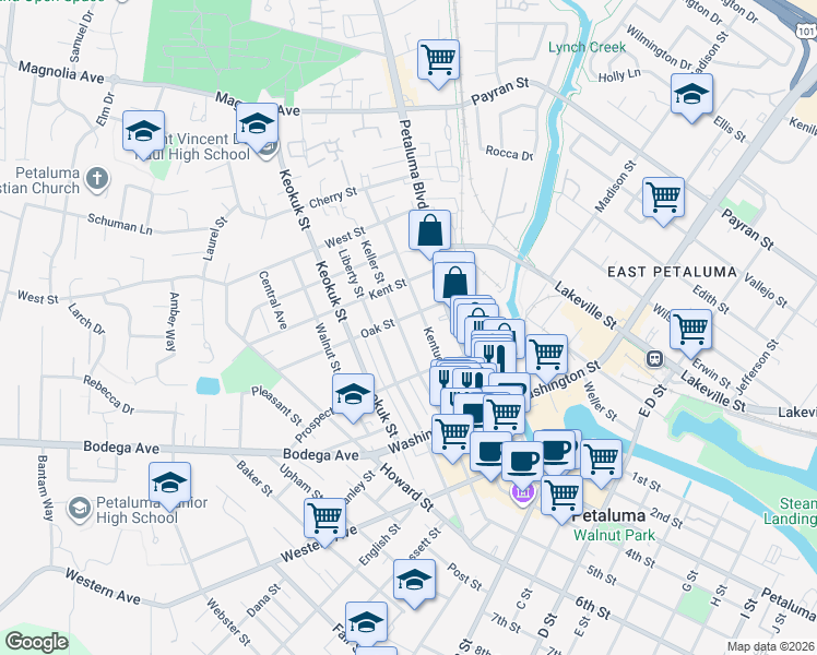 map of restaurants, bars, coffee shops, grocery stores, and more near 334 Keller Street in Petaluma