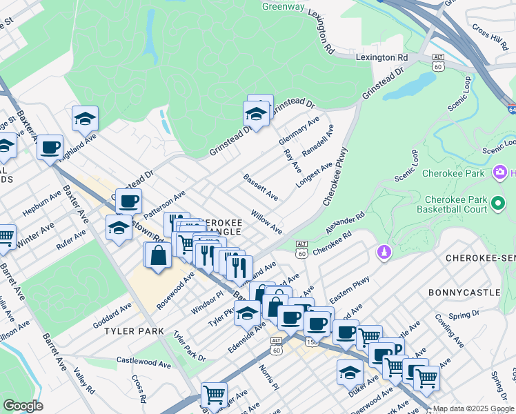 map of restaurants, bars, coffee shops, grocery stores, and more near 1295 Willow Avenue in Louisville
