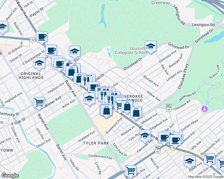 map of restaurants, bars, coffee shops, grocery stores, and more near 1206 Cherokee Road in Louisville