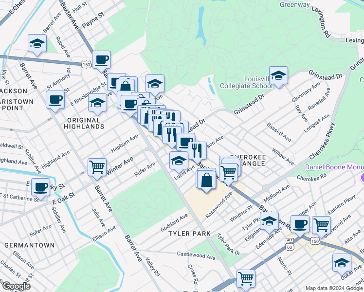 map of restaurants, bars, coffee shops, grocery stores, and more near 1112 Bardstown Road in Louisville