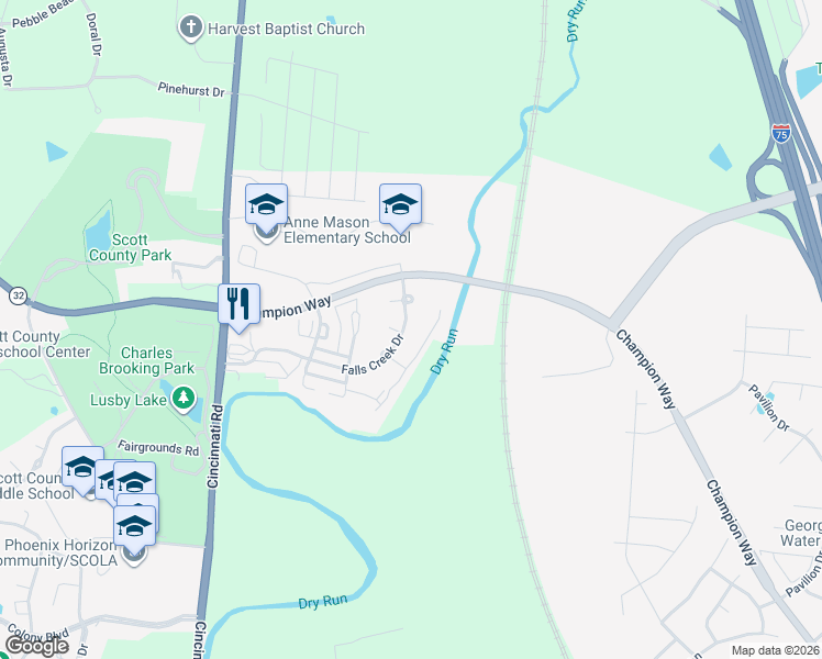 map of restaurants, bars, coffee shops, grocery stores, and more near 136 Falls Creek Drive in Georgetown