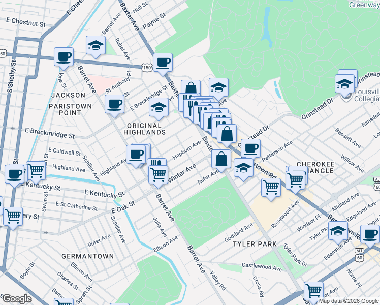 map of restaurants, bars, coffee shops, grocery stores, and more near 1436 Hepburn Avenue in Louisville