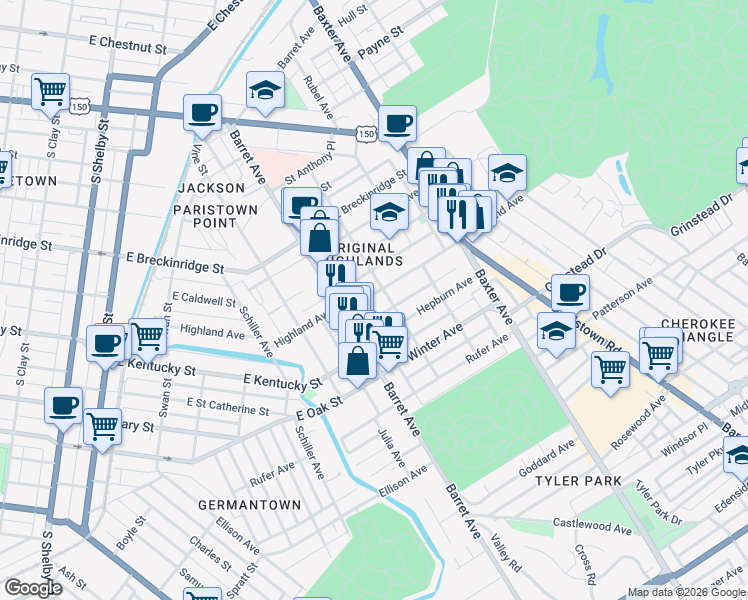 map of restaurants, bars, coffee shops, grocery stores, and more near 1324 Highland Avenue in Louisville