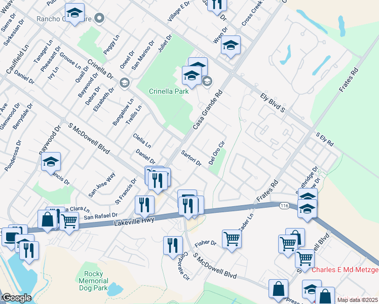 map of restaurants, bars, coffee shops, grocery stores, and more near 608 Sartori Drive in Petaluma
