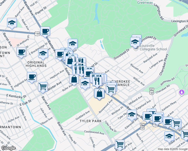 map of restaurants, bars, coffee shops, grocery stores, and more near 1143 Bardstown Road in Louisville