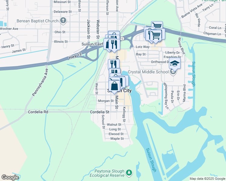 map of restaurants, bars, coffee shops, grocery stores, and more near 401 Solano Street in Suisun City