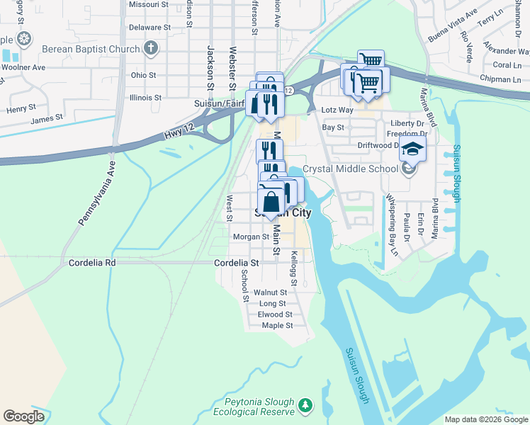 map of restaurants, bars, coffee shops, grocery stores, and more near 403 Solano Street in Suisun City