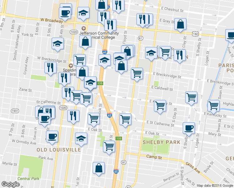 map of restaurants, bars, coffee shops, grocery stores, and more near South Floyd Street in Louisville