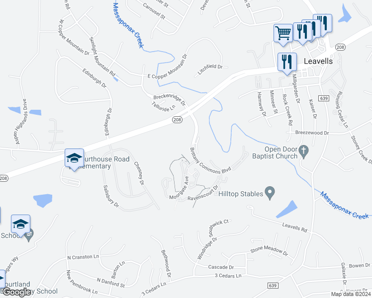 map of restaurants, bars, coffee shops, grocery stores, and more near 10236 Brittany Commons Boulevard in Spotsylvania Courthouse