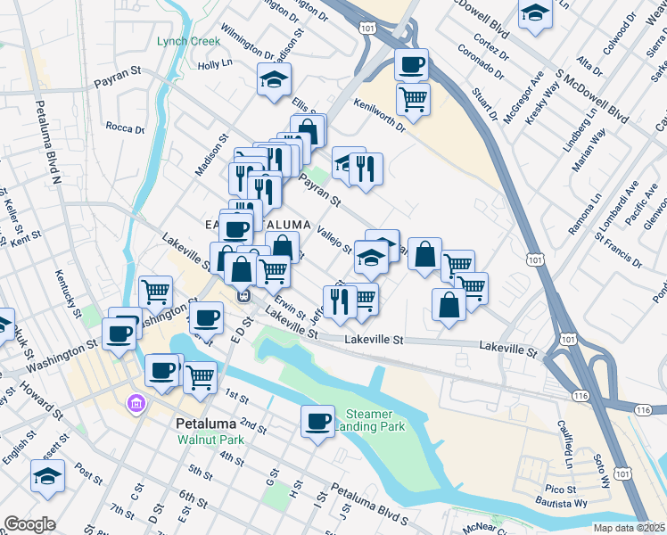 map of restaurants, bars, coffee shops, grocery stores, and more near 326 Edith Street in Petaluma