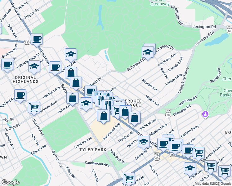 map of restaurants, bars, coffee shops, grocery stores, and more near 1222 Everett Avenue in Louisville
