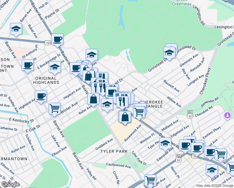 map of restaurants, bars, coffee shops, grocery stores, and more near 1143 Bardstown Road in Louisville