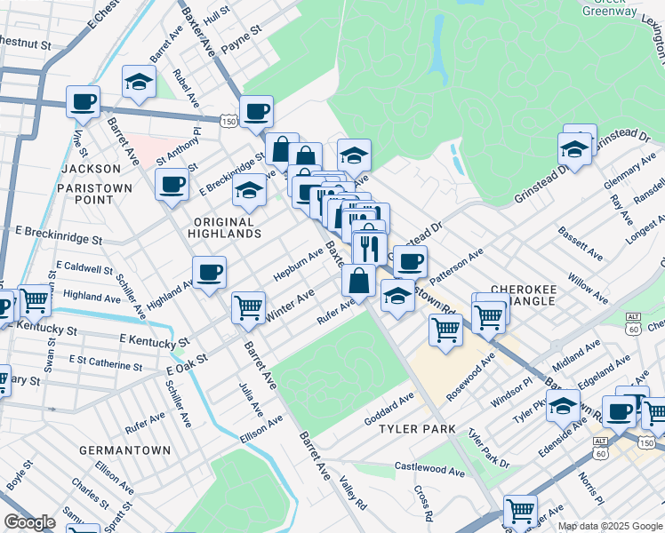 map of restaurants, bars, coffee shops, grocery stores, and more near 1523 Winter Avenue in Louisville