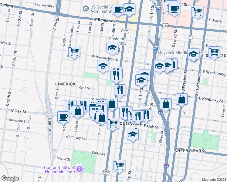 map of restaurants, bars, coffee shops, grocery stores, and more near 1023 South 3rd Street in Louisville