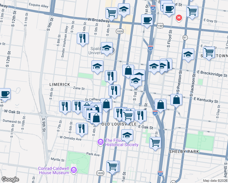 map of restaurants, bars, coffee shops, grocery stores, and more near 1009 South 3rd Street in Louisville