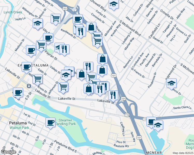 map of restaurants, bars, coffee shops, grocery stores, and more near 801 Lindberg Lane in Petaluma