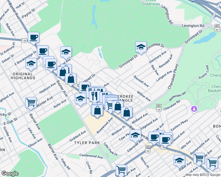 map of restaurants, bars, coffee shops, grocery stores, and more near 1222 Everett Avenue in Louisville