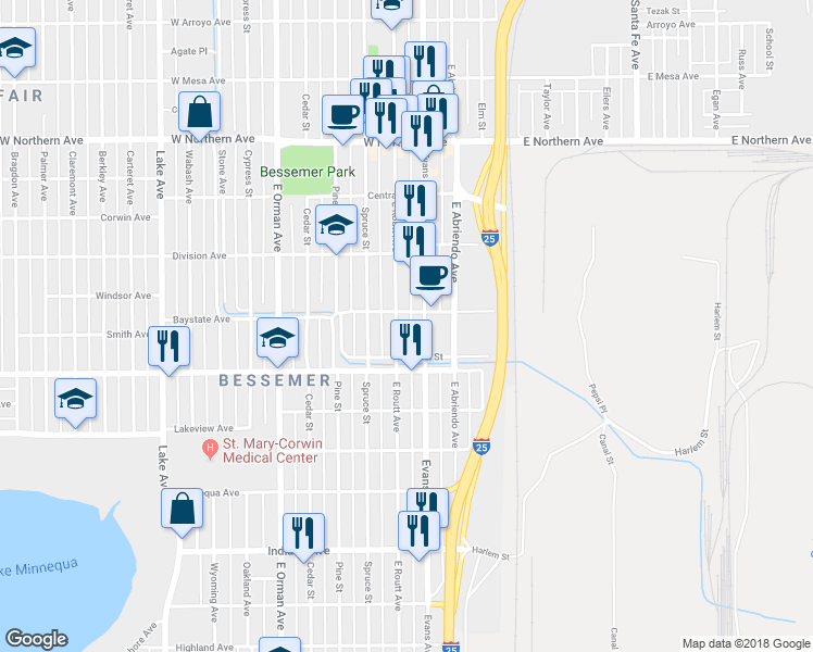map of restaurants, bars, coffee shops, grocery stores, and more near 1608 East Routt Avenue in Pueblo