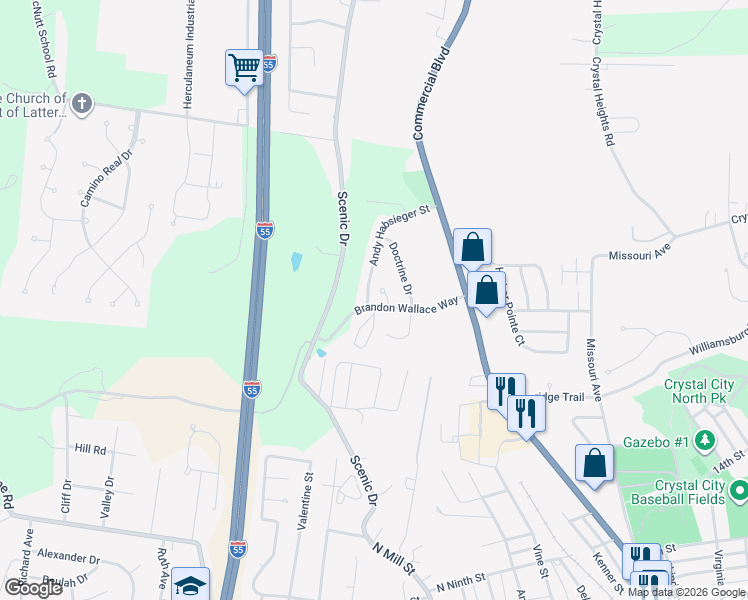 map of restaurants, bars, coffee shops, grocery stores, and more near 300 Sand Hill Drive in Festus