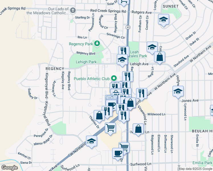 map of restaurants, bars, coffee shops, grocery stores, and more near 62 Royal Crest Drive in Pueblo
