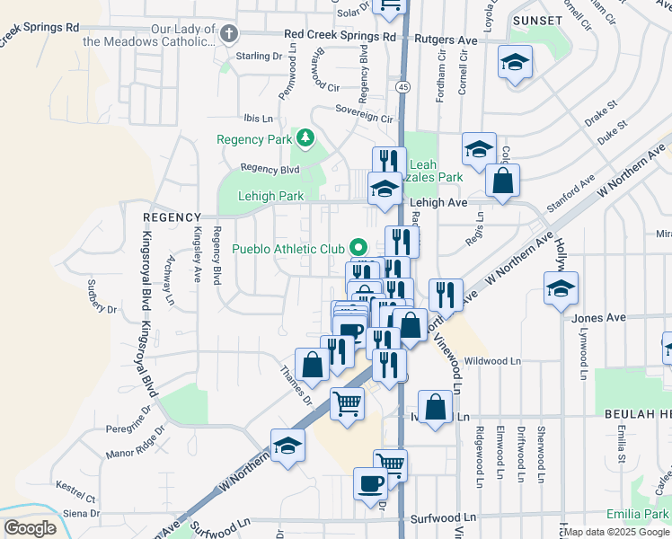 map of restaurants, bars, coffee shops, grocery stores, and more near 62 Royal Crest Drive in Pueblo