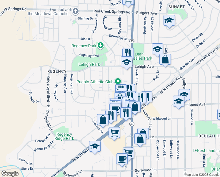 map of restaurants, bars, coffee shops, grocery stores, and more near 62 Royal Crest Drive in Pueblo