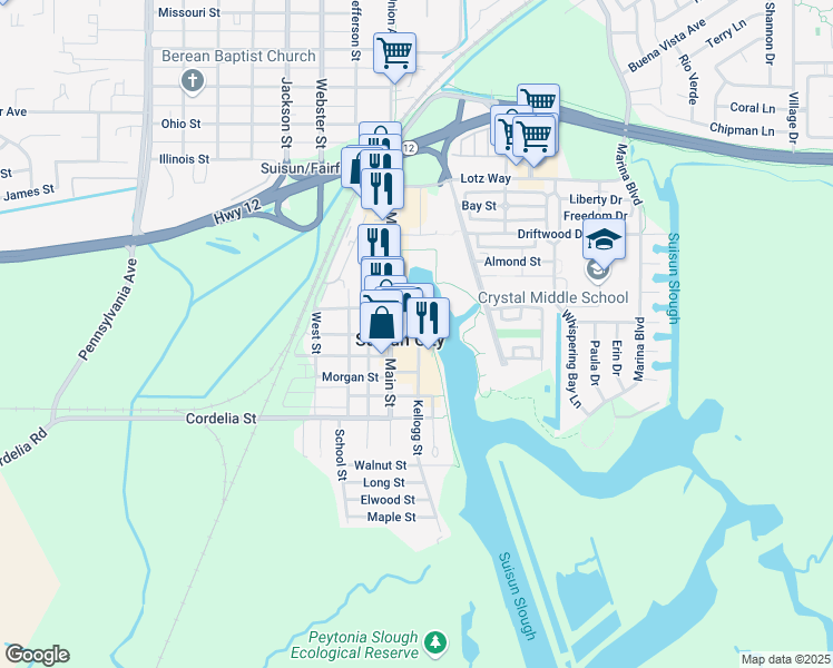 map of restaurants, bars, coffee shops, grocery stores, and more near in Suisun City