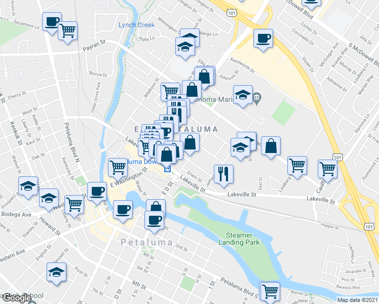 map of restaurants, bars, coffee shops, grocery stores, and more near 305 Wilson Street in Petaluma