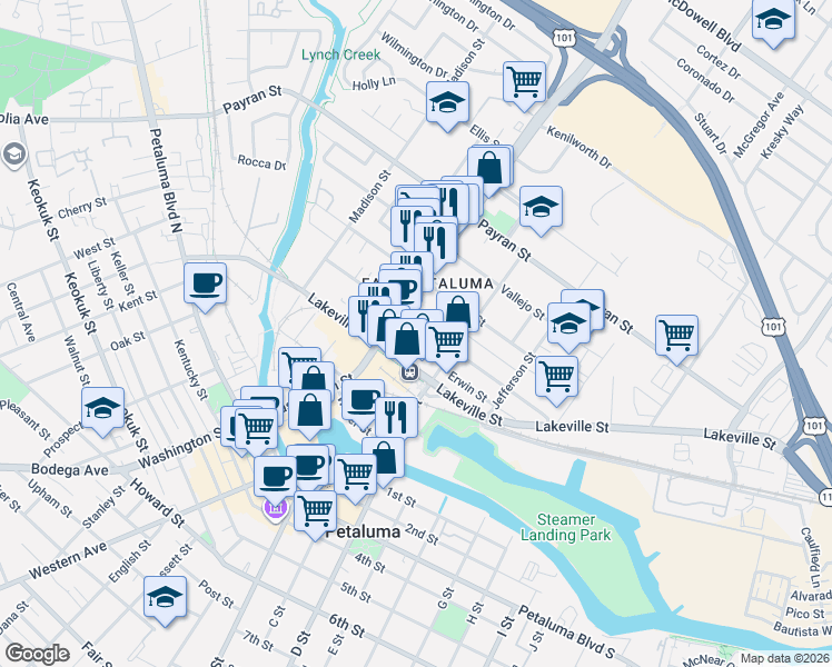 map of restaurants, bars, coffee shops, grocery stores, and more near 238 Wilson Street in Petaluma