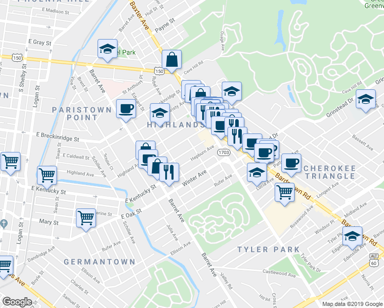 map of restaurants, bars, coffee shops, grocery stores, and more near 1436 Hepburn Avenue in Louisville