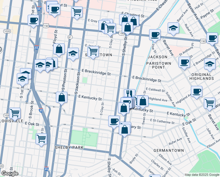 map of restaurants, bars, coffee shops, grocery stores, and more near 727 Speckert Court in Louisville