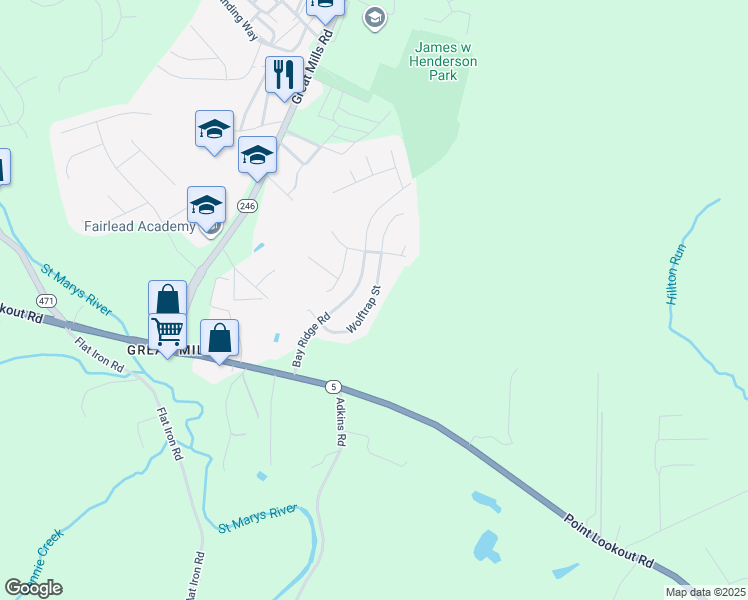 map of restaurants, bars, coffee shops, grocery stores, and more near 45818 Wolftrap Way in Lexington Park