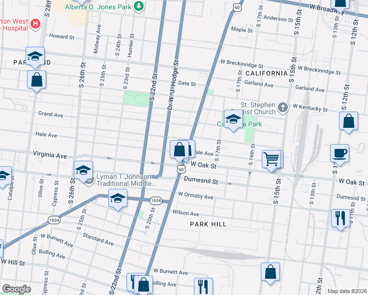 map of restaurants, bars, coffee shops, grocery stores, and more near 1800 Hale Avenue in Louisville