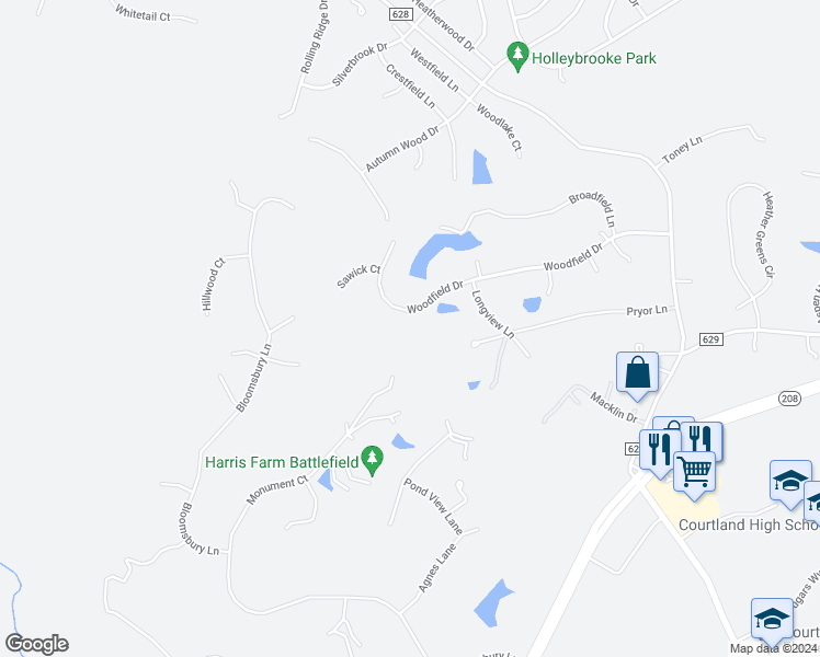 map of restaurants, bars, coffee shops, grocery stores, and more near 310 Woodfield Drive in Spotsylvania